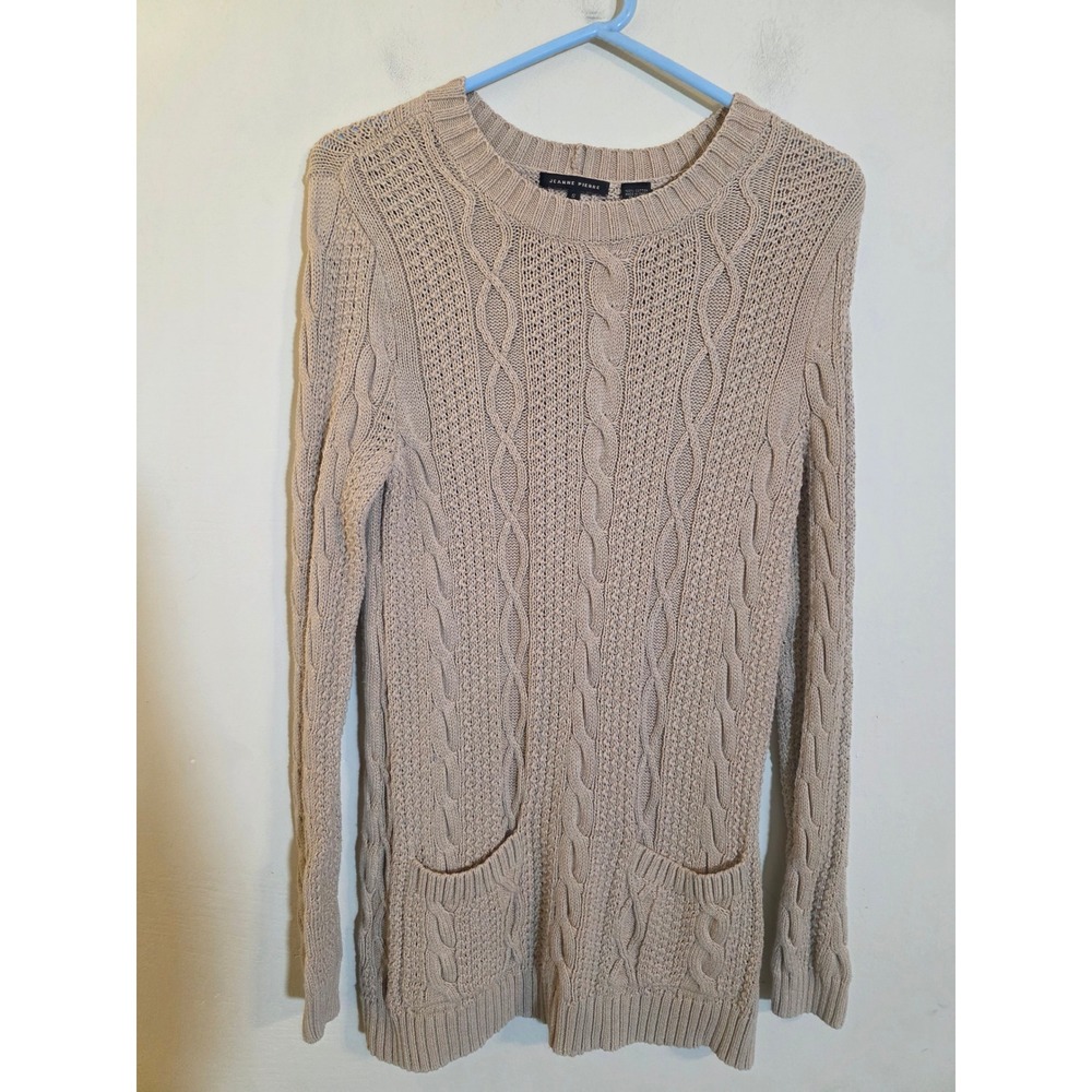 Jeanne Pierre Tan Beige Cable Knit Cotton Longline Sweater Crew Neck Pockets S